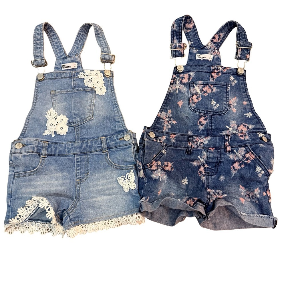 Epic Threads Denim Shortalls Blue Lace Floral Butterfly Overalls Kids Size 5